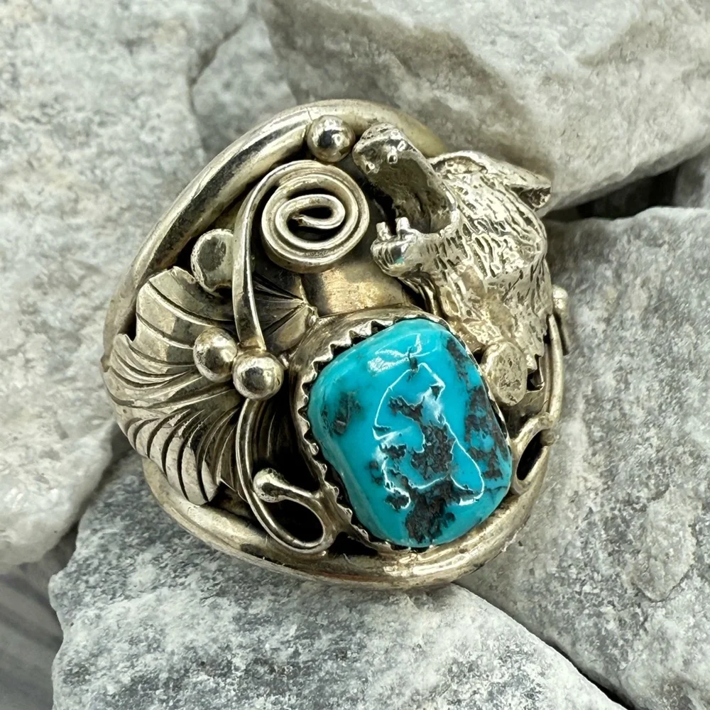 Navajo Sterling Silver Howling Wolf Turquoise Ring —Genevieve Francisco